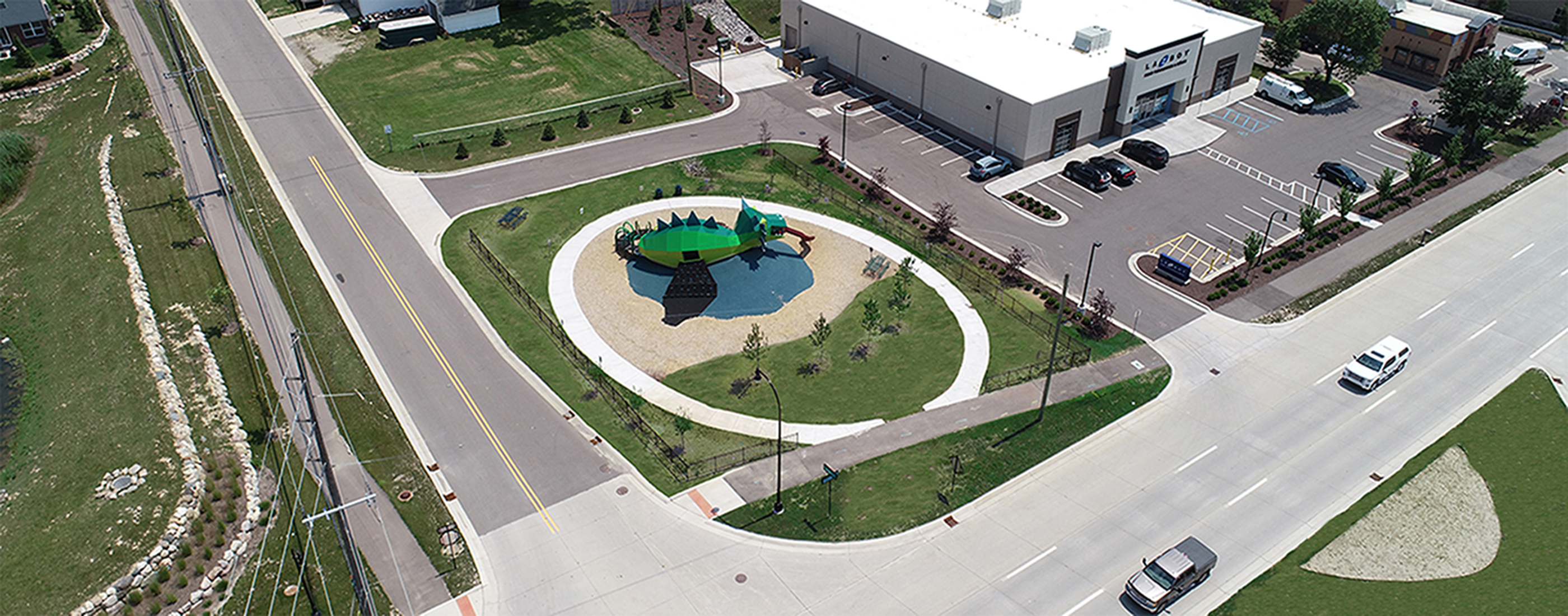 Birdseye view of the new dragon themed pocket park located on Baldwin Road in Lake Orion, MI
