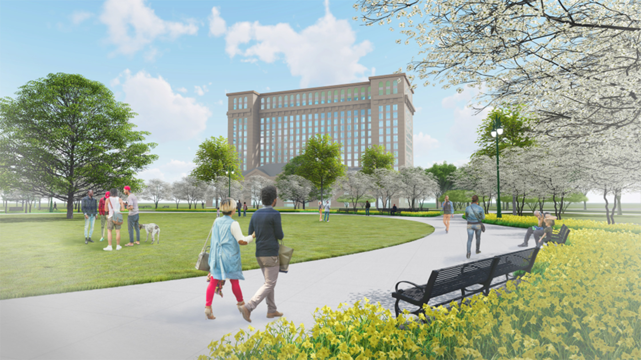 Rendering of the central lawn at Roosevelt Park on a spring day
