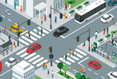 Various transportation needs and safe pedestrian crossings at an intersection.
