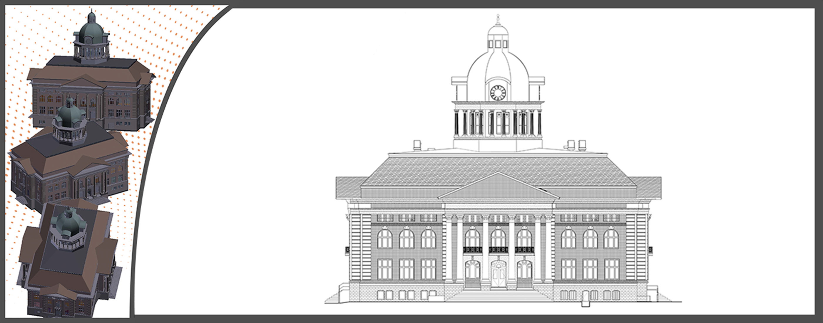 Conceptual models and renderings of future Giles County Courthouse improvements.