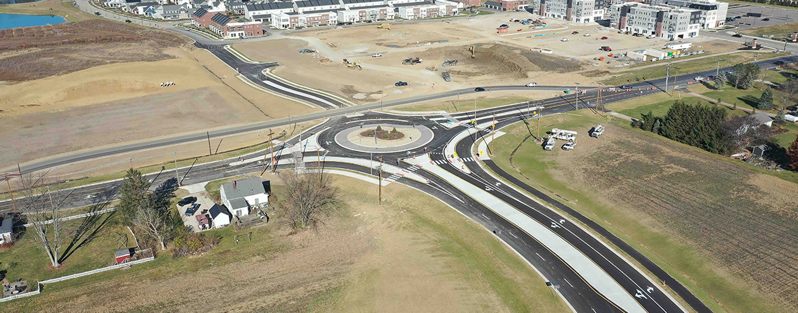 Aerial shot of the turbo roundabout at Home Road and Lewis Center Rd in Delaware, Ohio