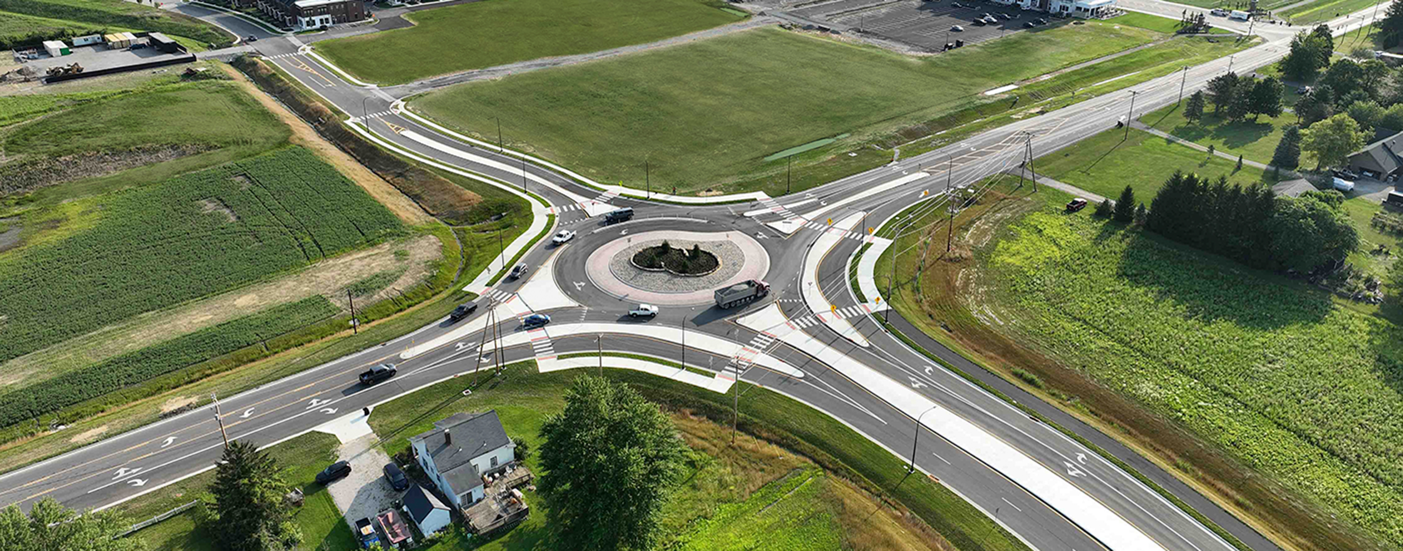 Aerial shot of the turbo roundabout at Home Road and Lewis Center Rd in Delaware, Ohio