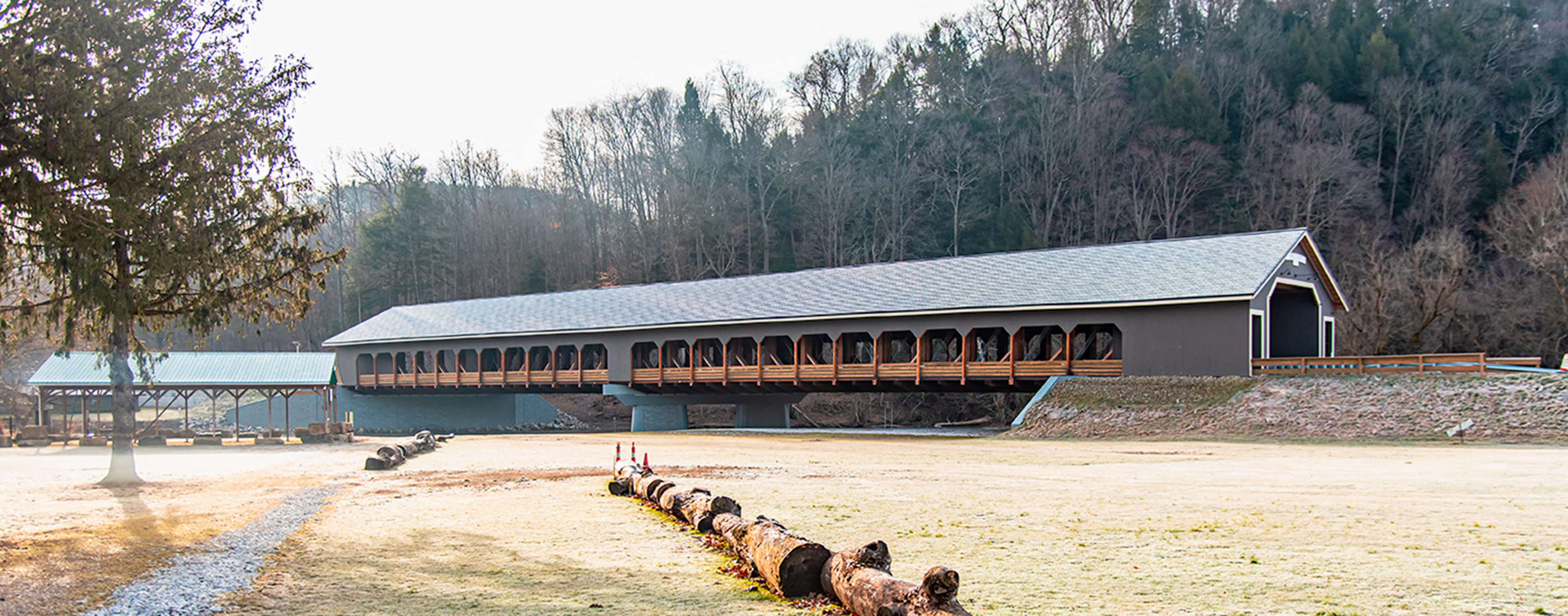 The Spellacy covered bridge extends 300 feet across the Mohican River