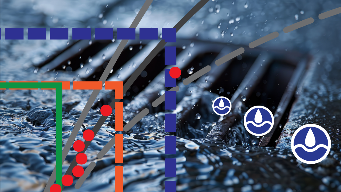 Storm drain with graphics overlaid representing the collection and analysis of rainfall data