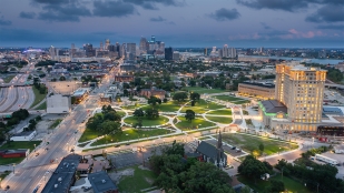 Aerial photo of Roosevelt Park with the Detroit skyline in the background.