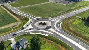 Birds-eye view of completed turbo roundabout at Home Road and Lewis Center Road in Delaware County, OH