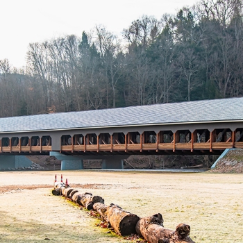 The Spellacy covered bridge extends 300 feet across the Mohican River