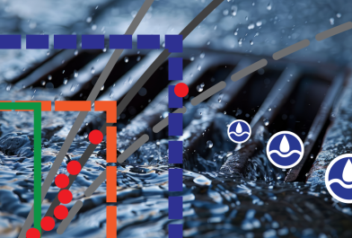 Storm drain with graphics overlaid representing the collection and analysis of rainfall data