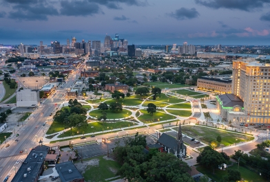 Aerial photo of Roosevelt Park with the Detroit skyline in the background.