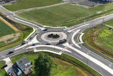 Birds-eye view of completed turbo roundabout at Home Road and Lewis Center Road in Delaware County, OH